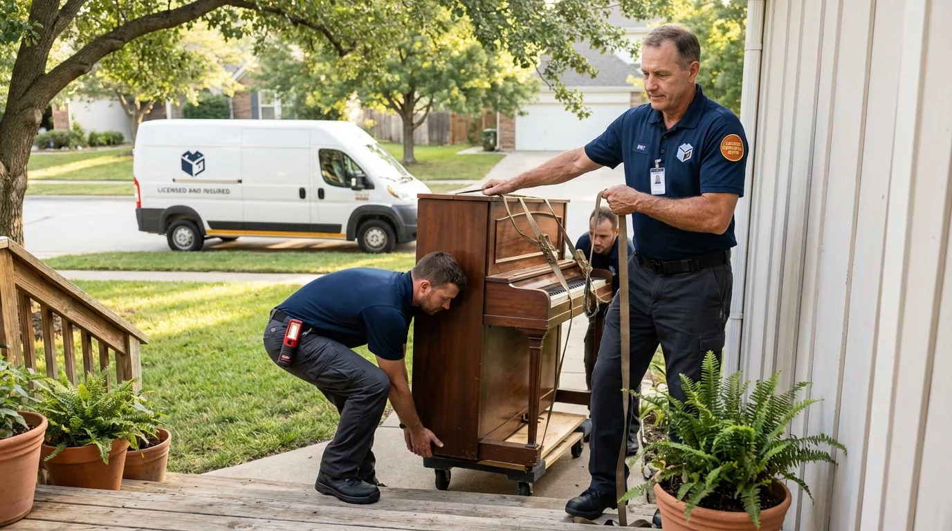 Licensed piano movers securing grand piano in Glenns Ferry, ID