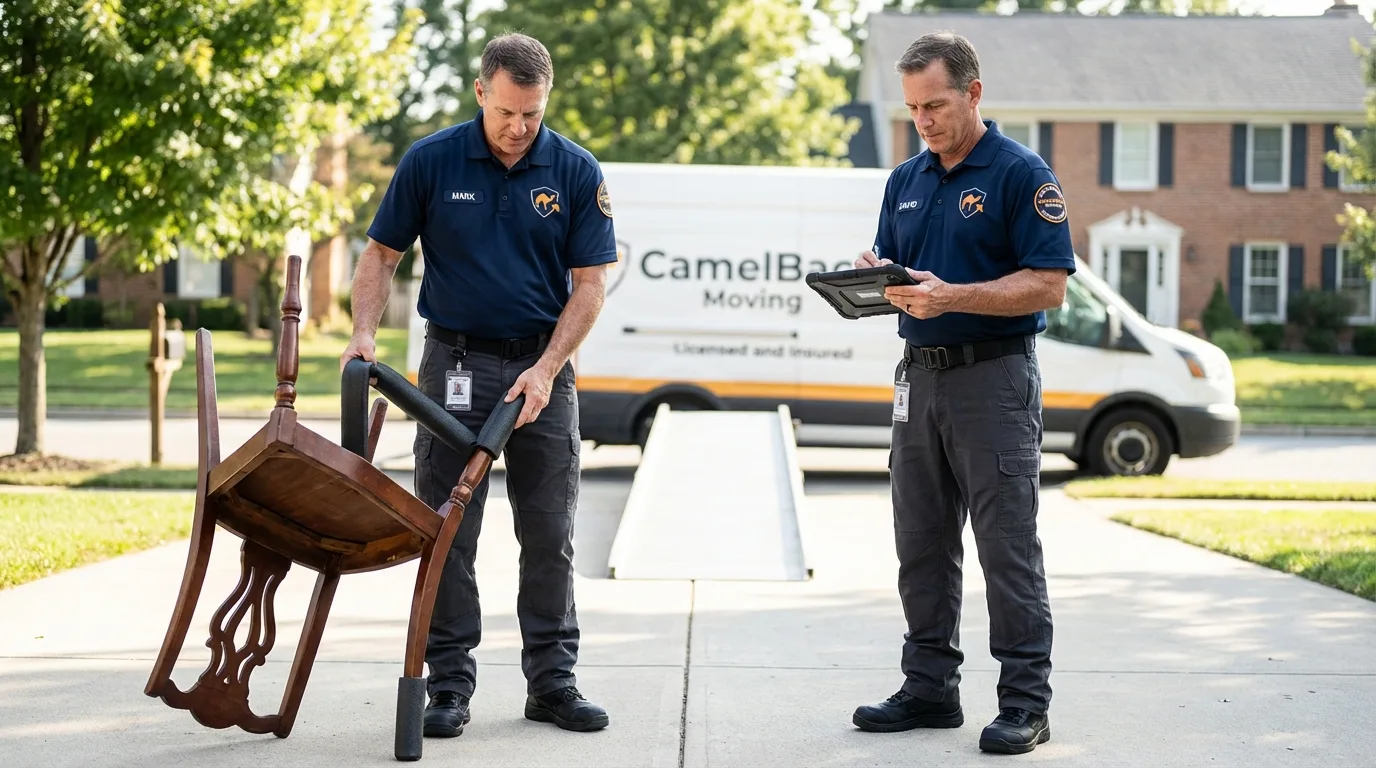 Movers inspecting furniture for damage prevention before loading in Glenns Ferry, ID