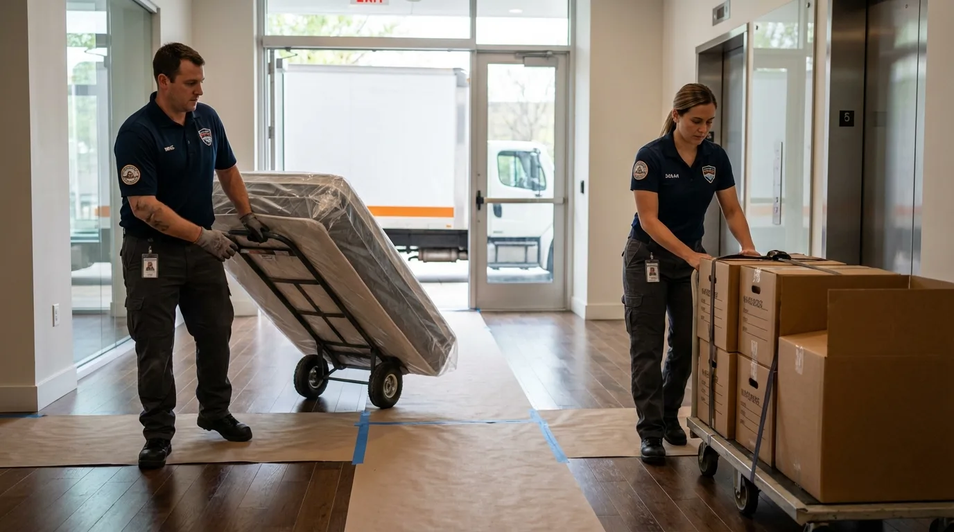 Professional apartment movers loading elevator in Glenns Ferry, ID